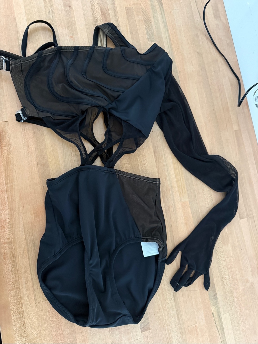 Black Sheer Mesh One-Piece Bodysuit with Gloves